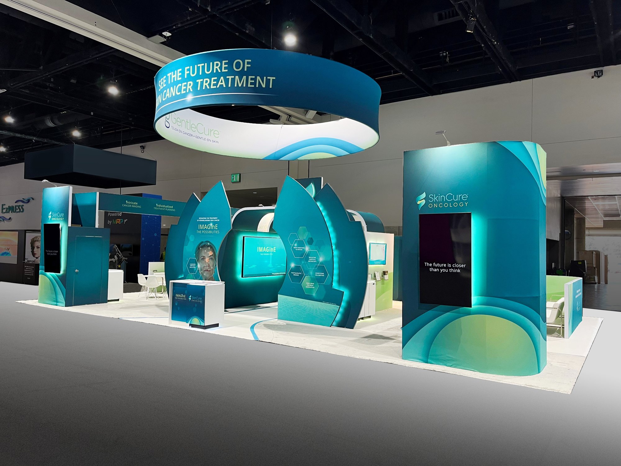 Skin Cure Oncology exhibit with hanging sign Skin Cure Oncology exhibit with hanging sign